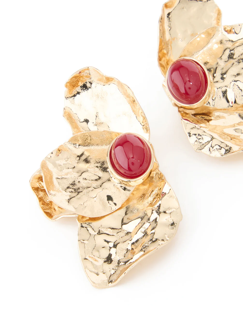 Gold Textured Flower Red Bead Stud Earrings - Image 4