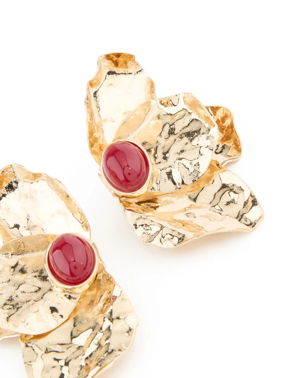 Gold Textured Flower Red Bead Stud Earrings - Image 5