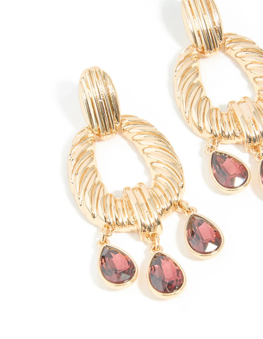 Gold Textured & Mini Red Diamante Drop Earrings - Image 2