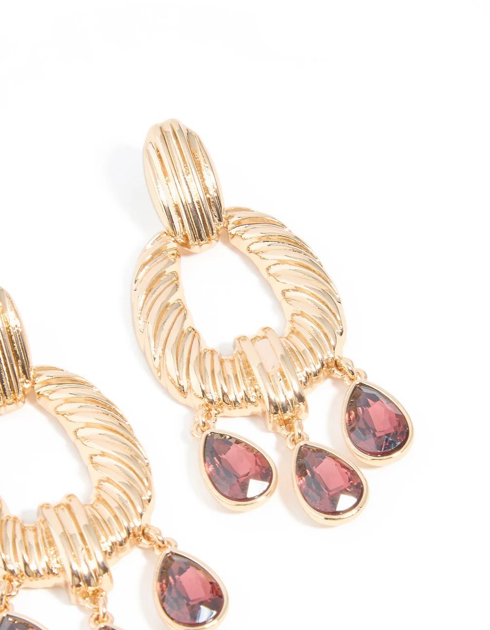 Gold Textured & Mini Red Diamante Drop Earrings - Image 3