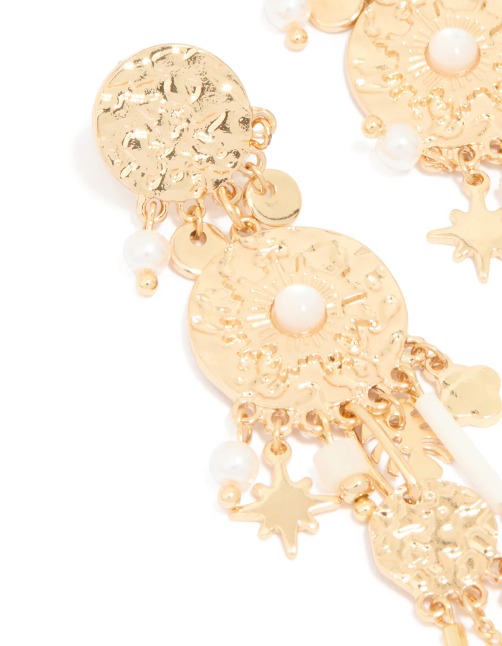 Gold Textured Pearl Dangle Drop Earrings - Image 2