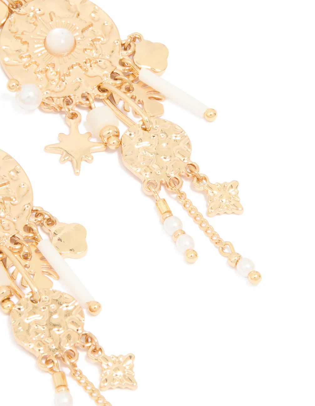 Gold Textured Pearl Dangle Drop Earrings - Image 3