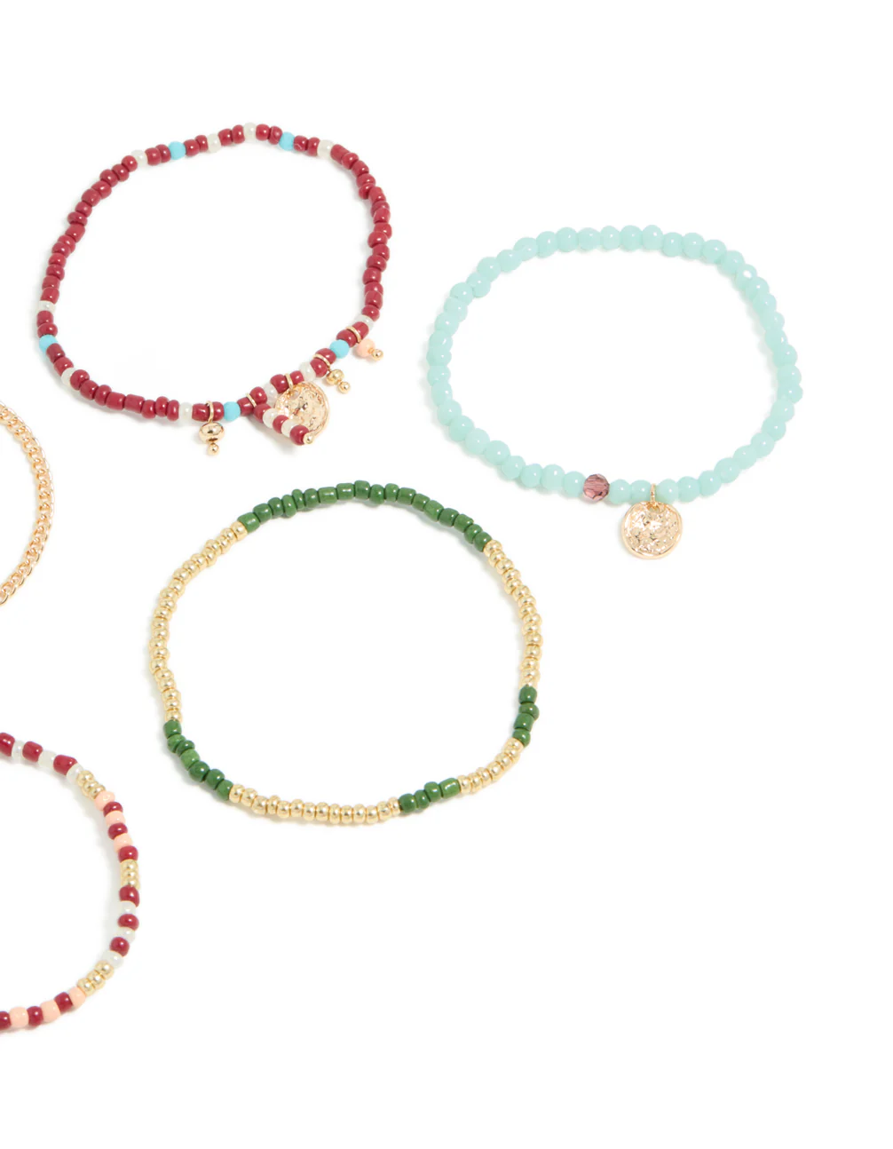 Gold Thin Chain & Multicoloured Beaded Bracelet 5-Pack - Image 3