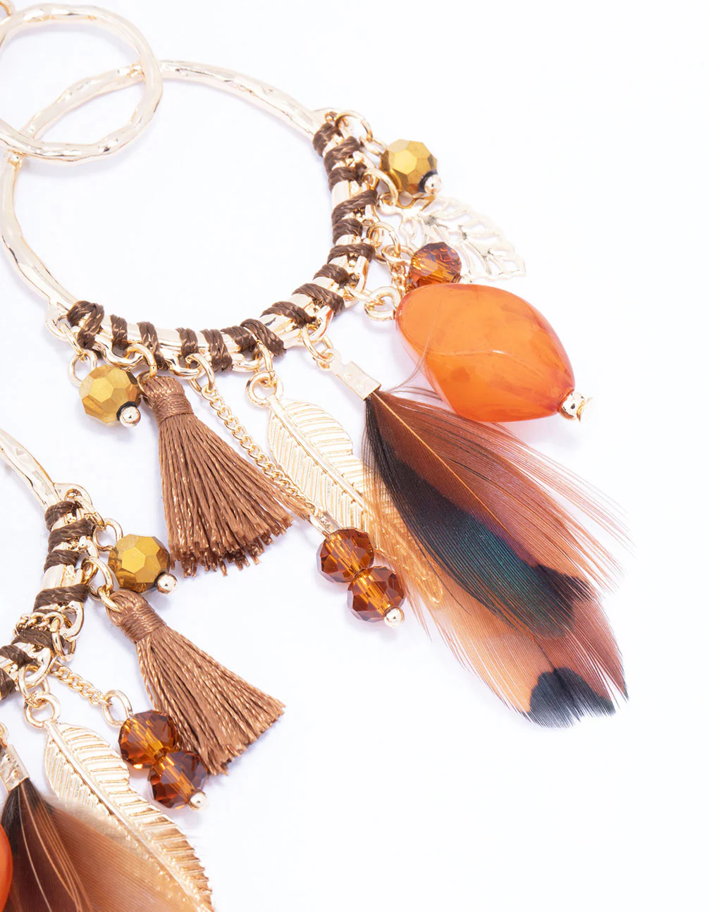 Gold Thread Beaded Feather Drop Earrings - Image 3
