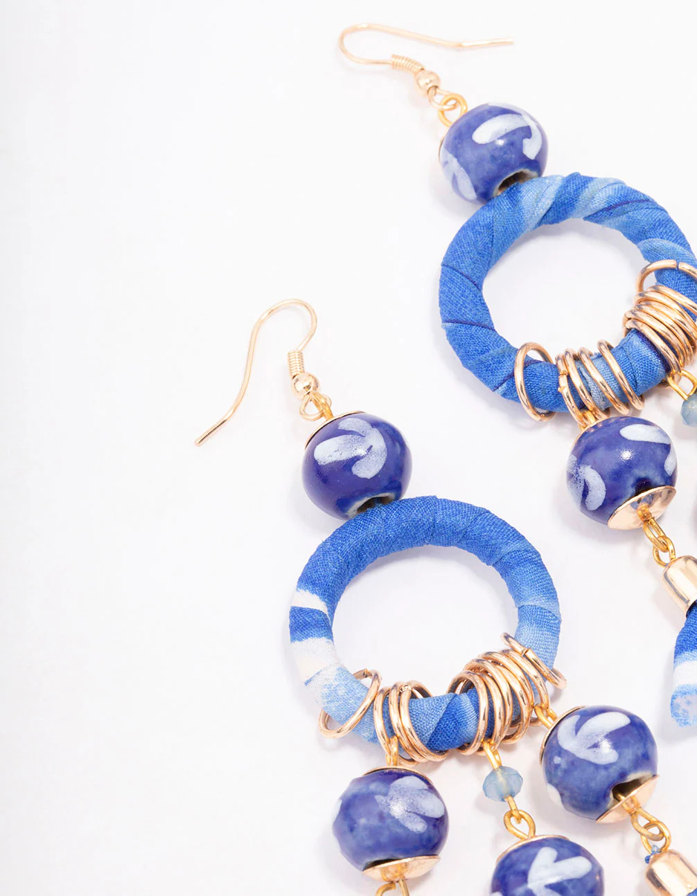 Blue Fabric Wrapped Ball Gathered Earrings - Image 2