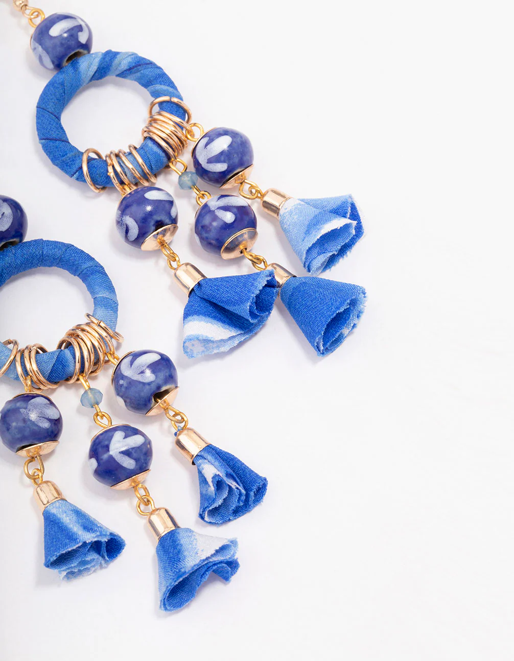Blue Fabric Wrapped Ball Gathered Earrings - Image 3