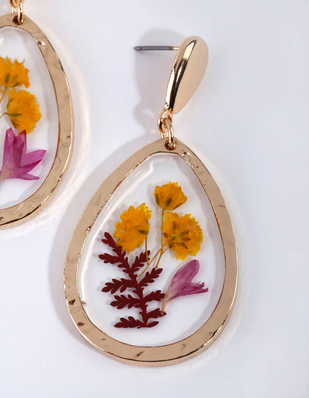 Gold Teardrop Trapped Flower Earrings - Image 2