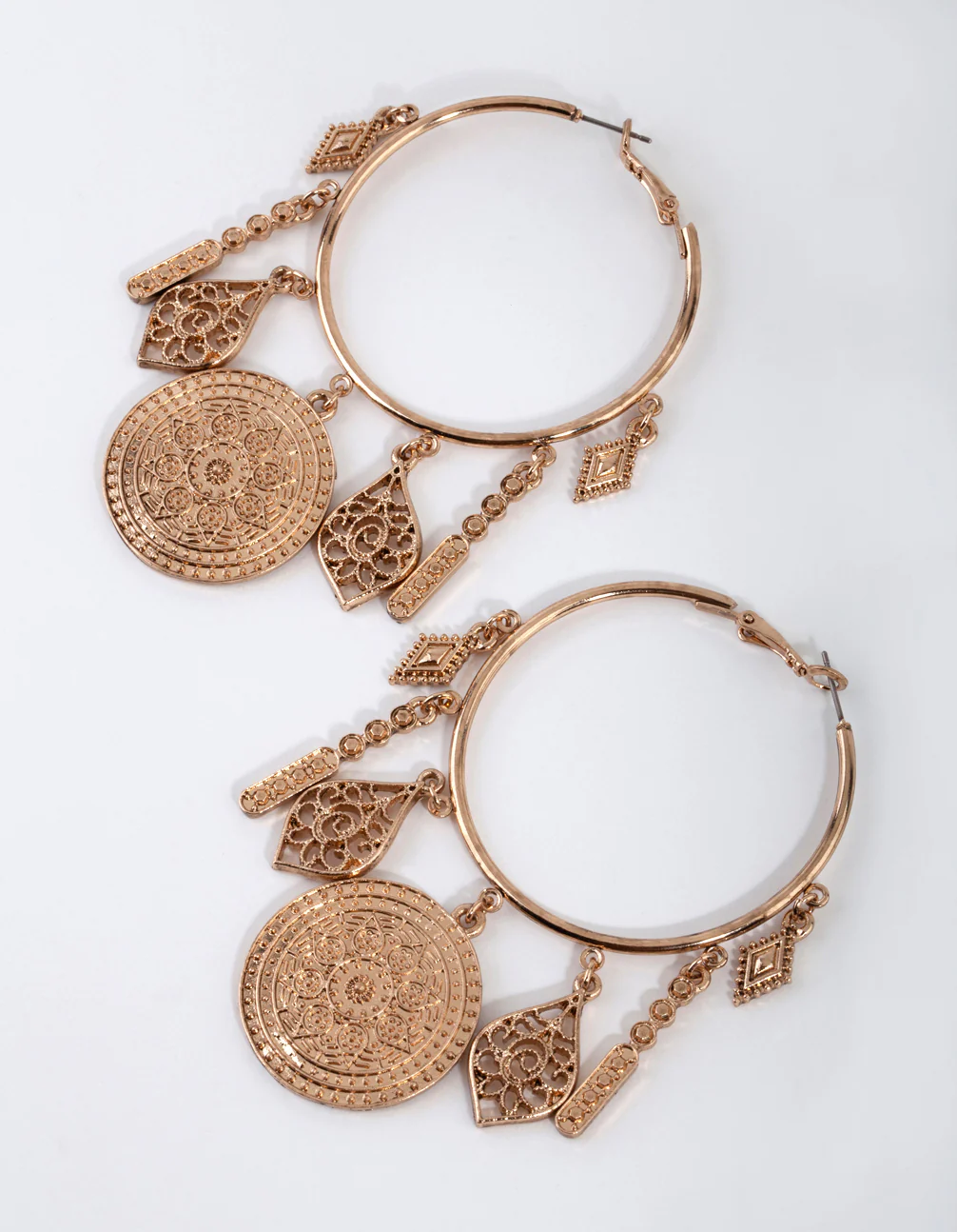 Antique Gold Large Metal Charms Hoop Earrings - Image 4