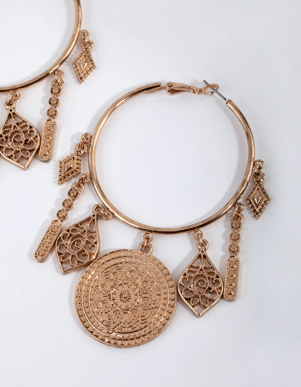 Antique Gold Large Metal Charms Hoop Earrings - Image 6