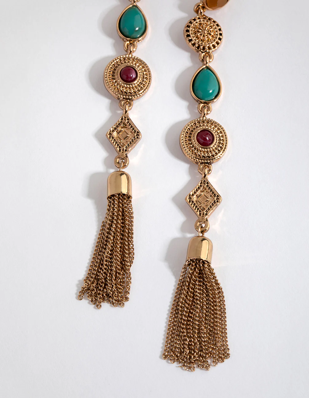 Antique Gold Long Chain Tassel Drop Earrings - Image 2