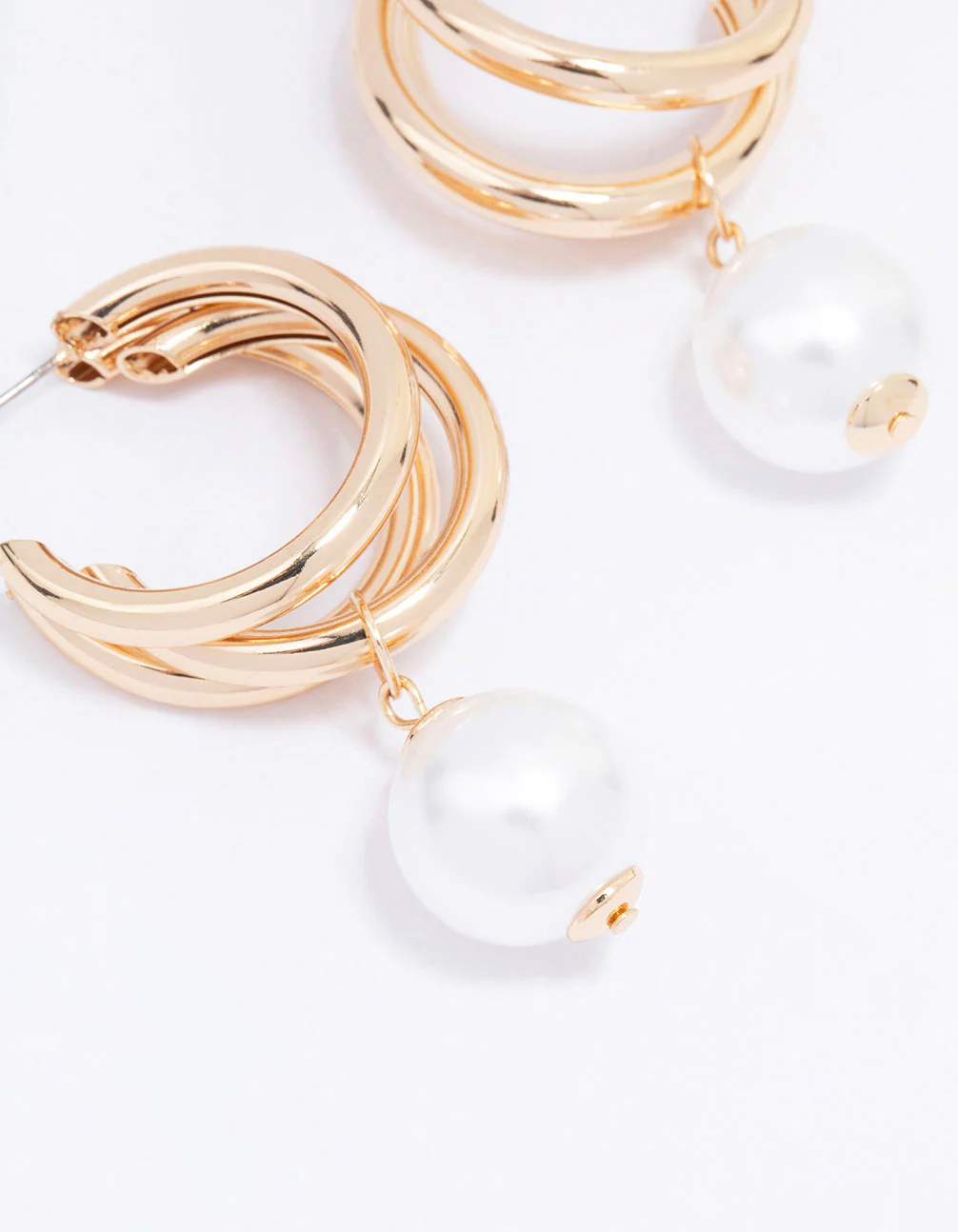 Gold Triple Row Pearl Drop Earrings - Image 2