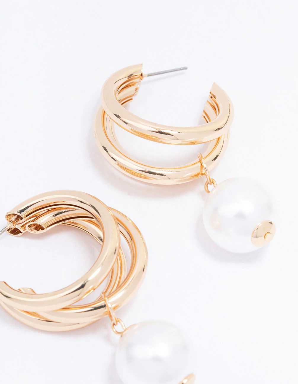 Gold Triple Row Pearl Drop Earrings - Image 3