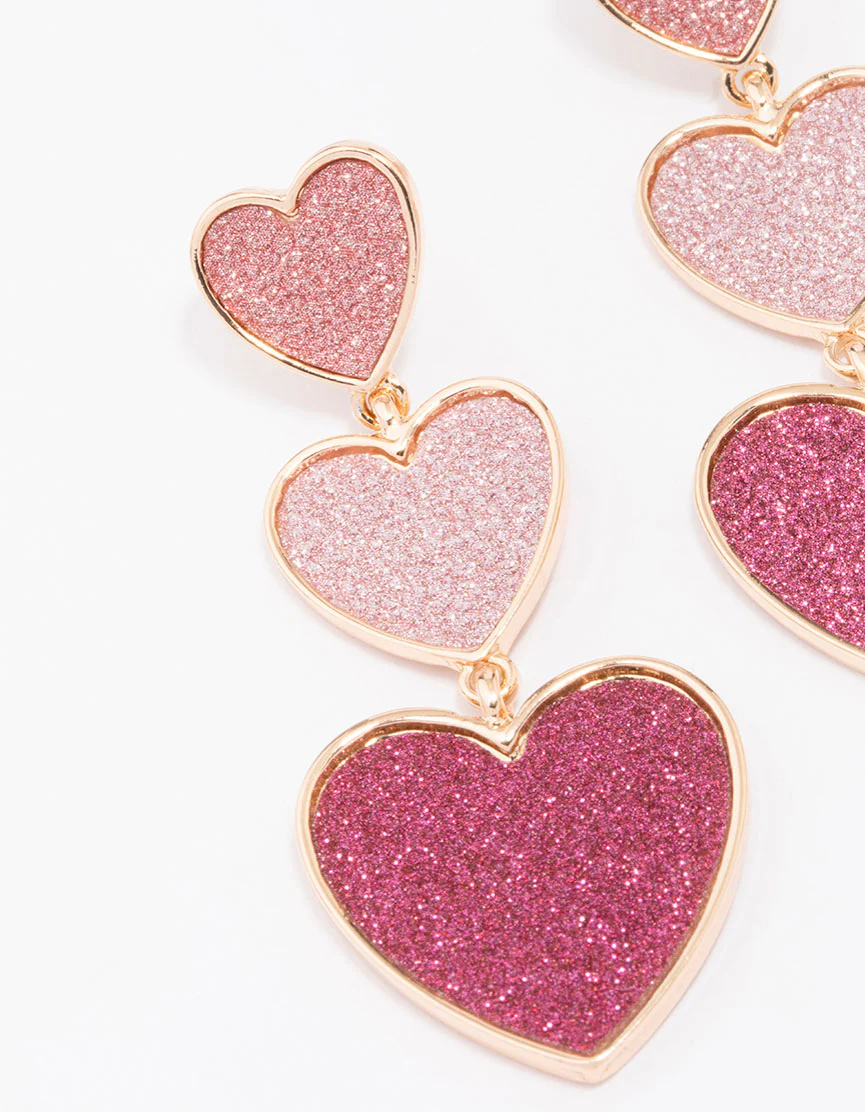 Gold Triple Row Pink Glitter Drop Earrings - Image 2