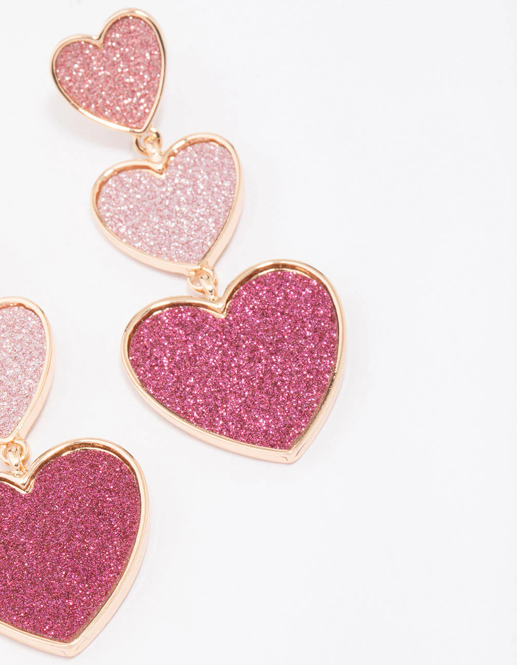Gold Triple Row Pink Glitter Drop Earrings - Image 3