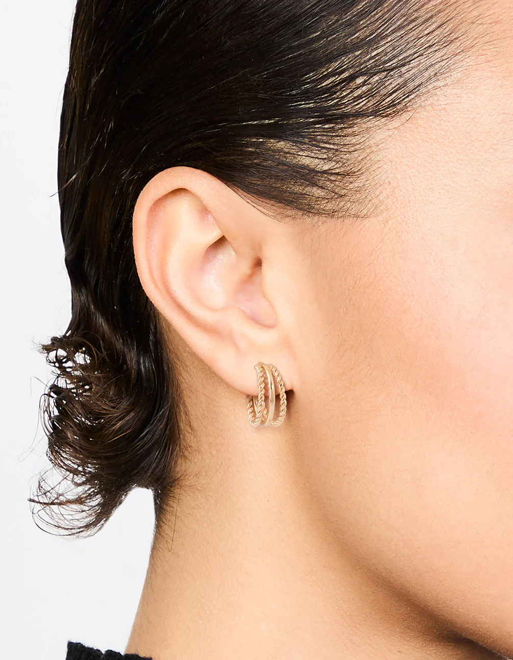 Gold Twisted and Plain Triple Huggie Earrings - Image 2