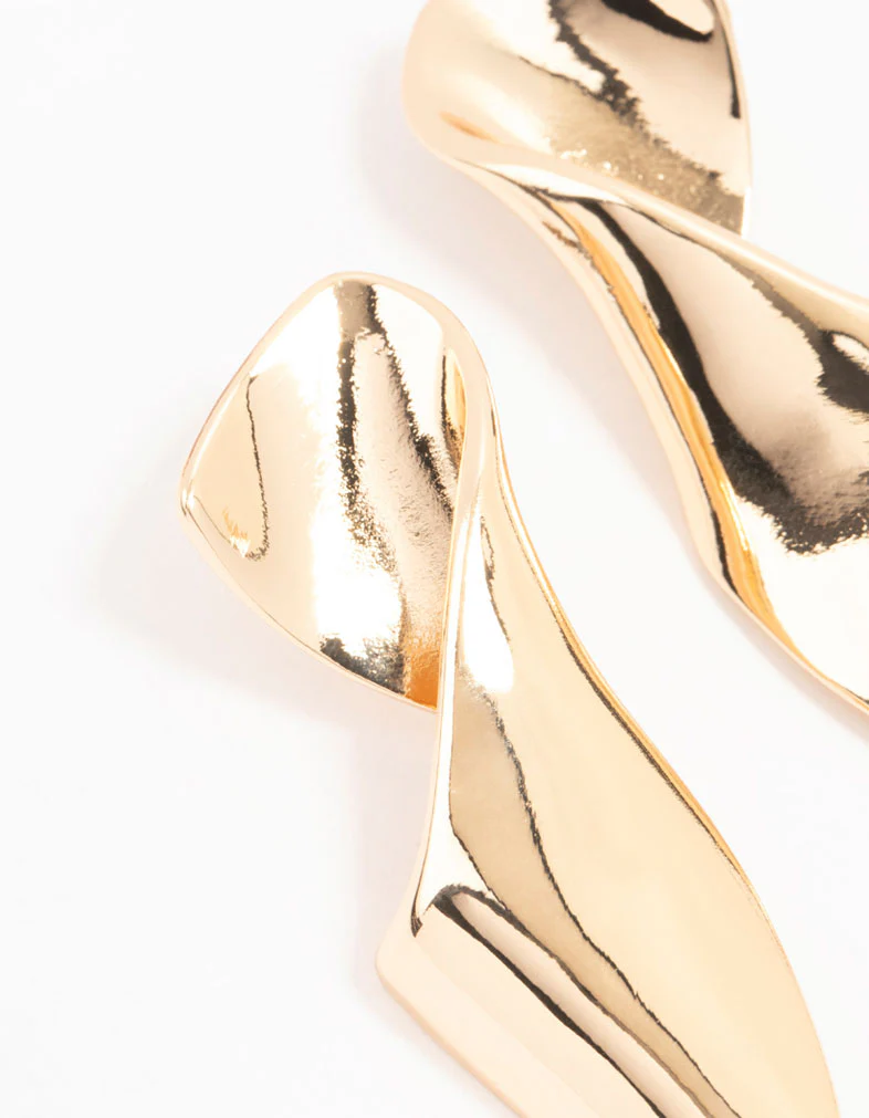 Gold Twisted Folded Long Drop Earrings - Image 4