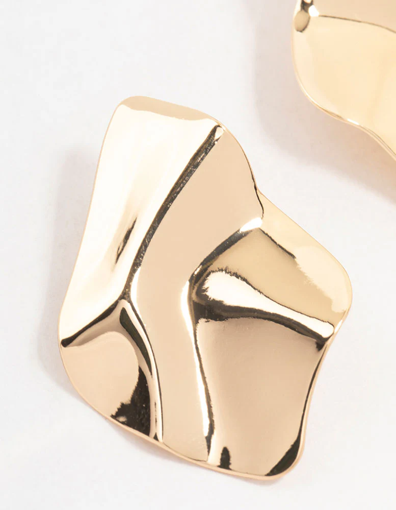 Gold Warped Plate Stud Earrings - Image 2