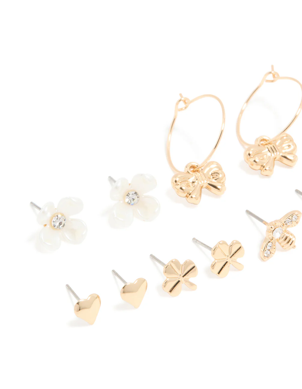 Gold White Pearlised Flower & Bee Earrings 8-Pack - Image 2