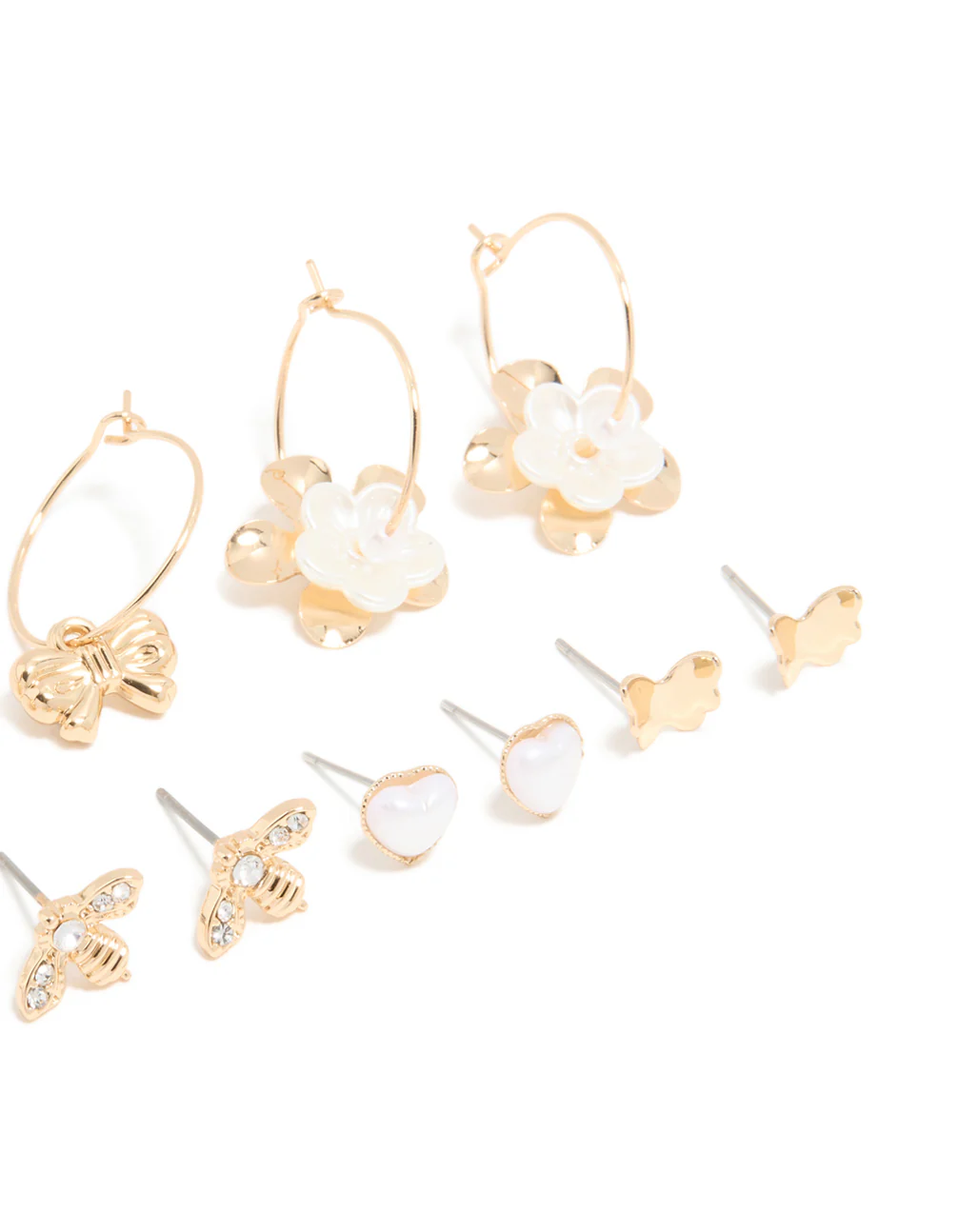 Gold White Pearlised Flower & Bee Earrings 8-Pack - Image 3