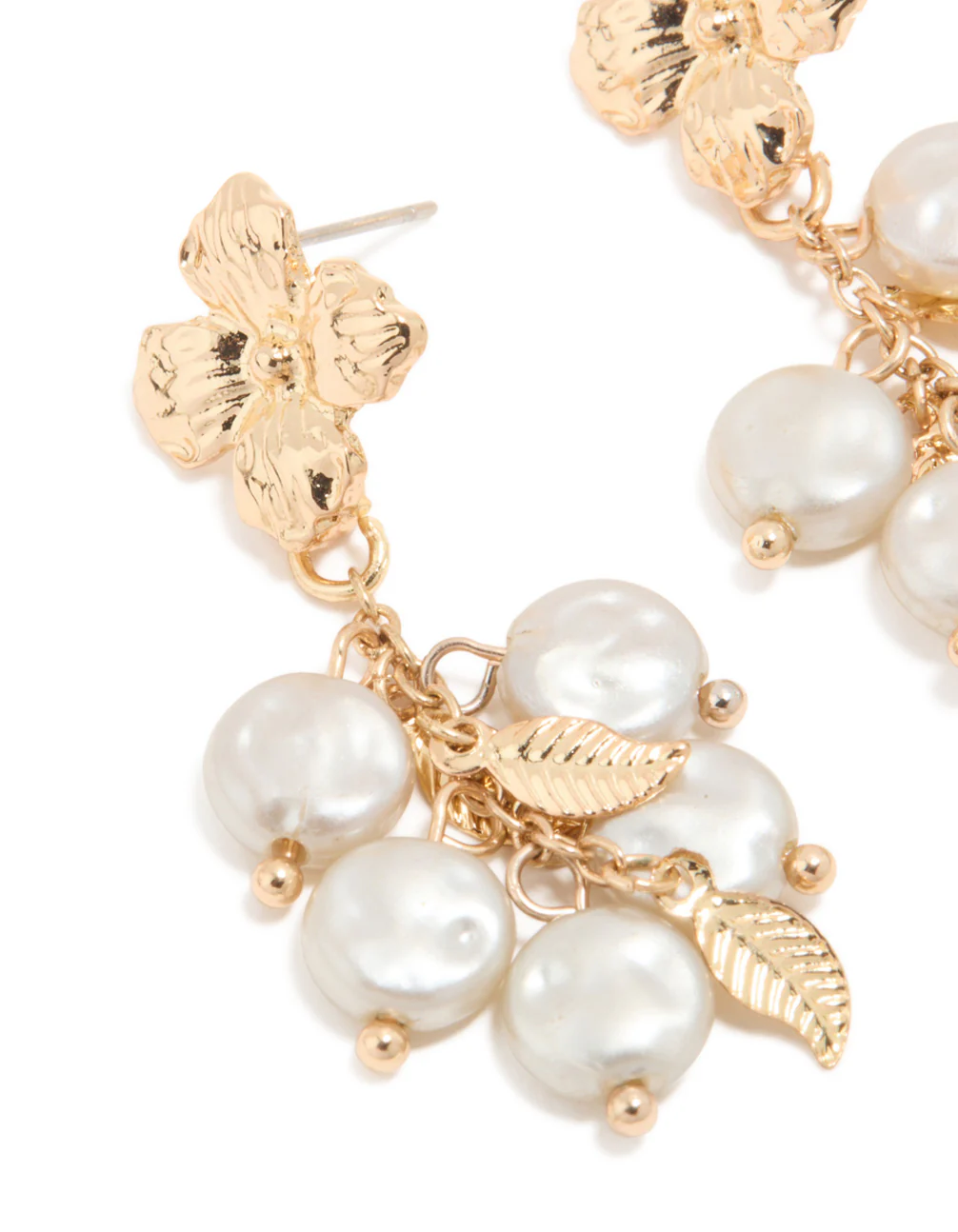 Gold White Pearlised Flower Drop Earrings - Image 2