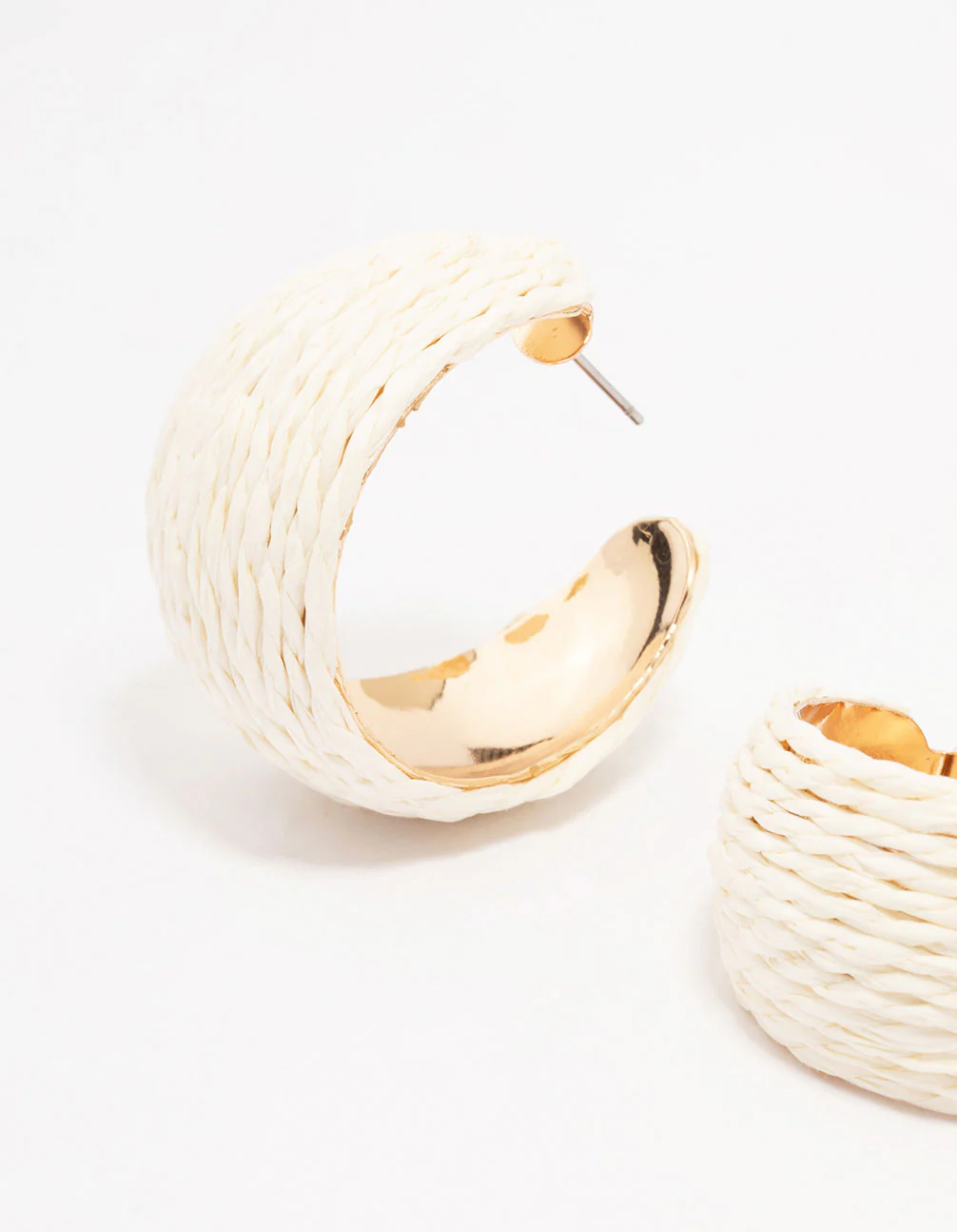Gold Wide Cream Wrapped Fabric Hoop Earrings - Image 2