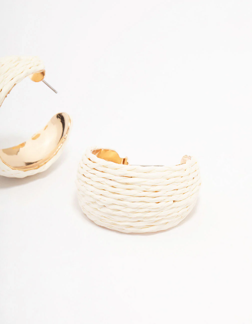 Gold Wide Cream Wrapped Fabric Hoop Earrings - Image 3