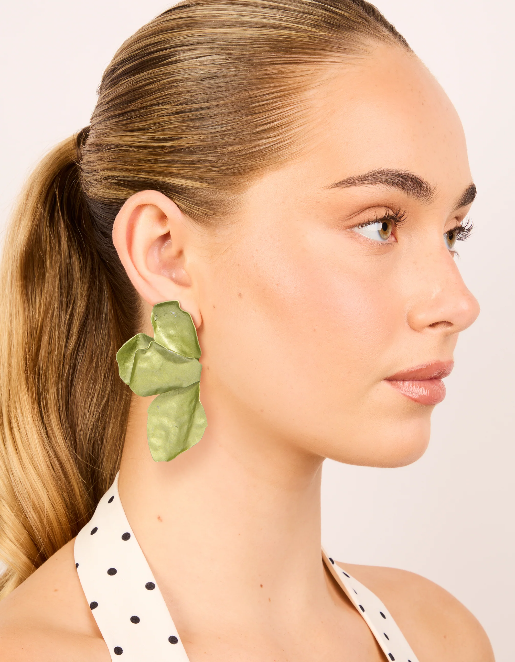 Green Coated Metal Flower Petal Drop Earrings - Image 3