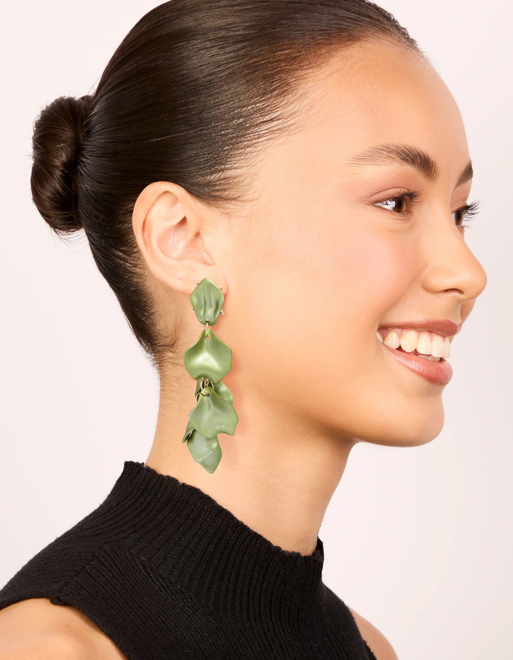 Green Coated Metal Multi Petal Drop Earrings - Image 3