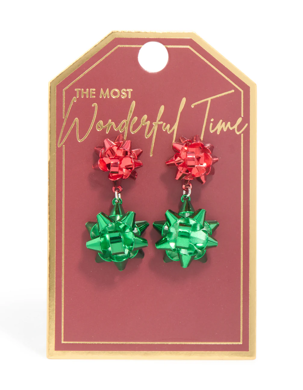 Green & Red Coated Metal Christmas Present Bow Stud Earrings - Image 3