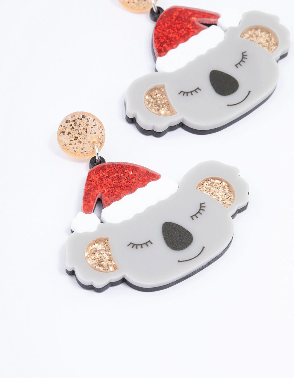 Grey Acrylic Koala With Santa Hat Drop Earrings - Image 2