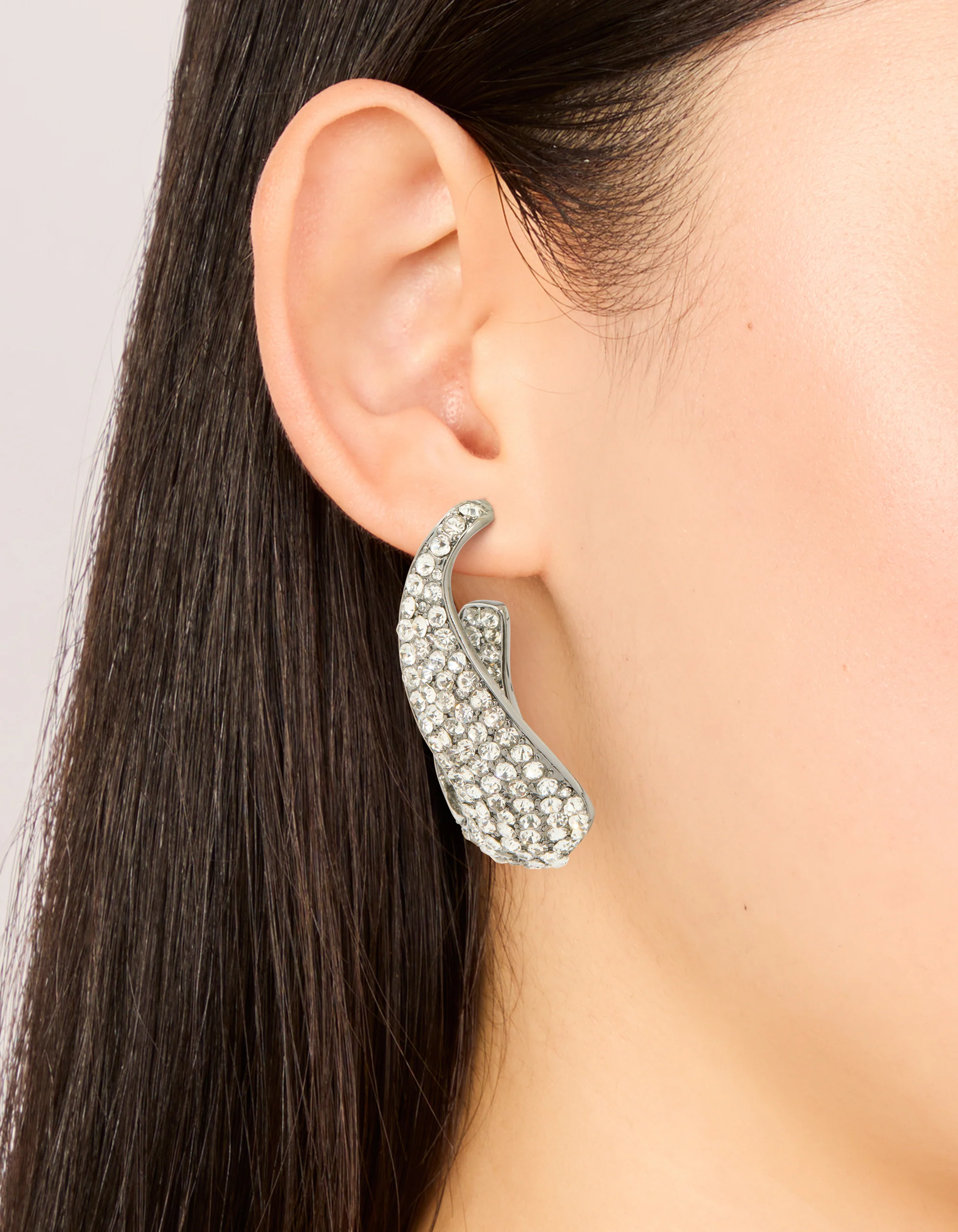 Gunmetal Silver Diamante Wavy Hoop Earrings - Image 2