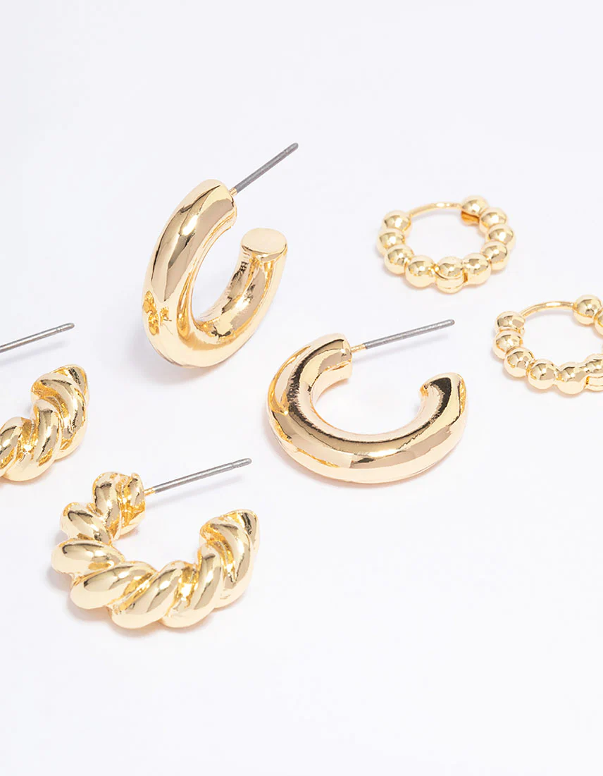 Gold Plated Small Textured Hoop Earring 3-Pack - Image 3