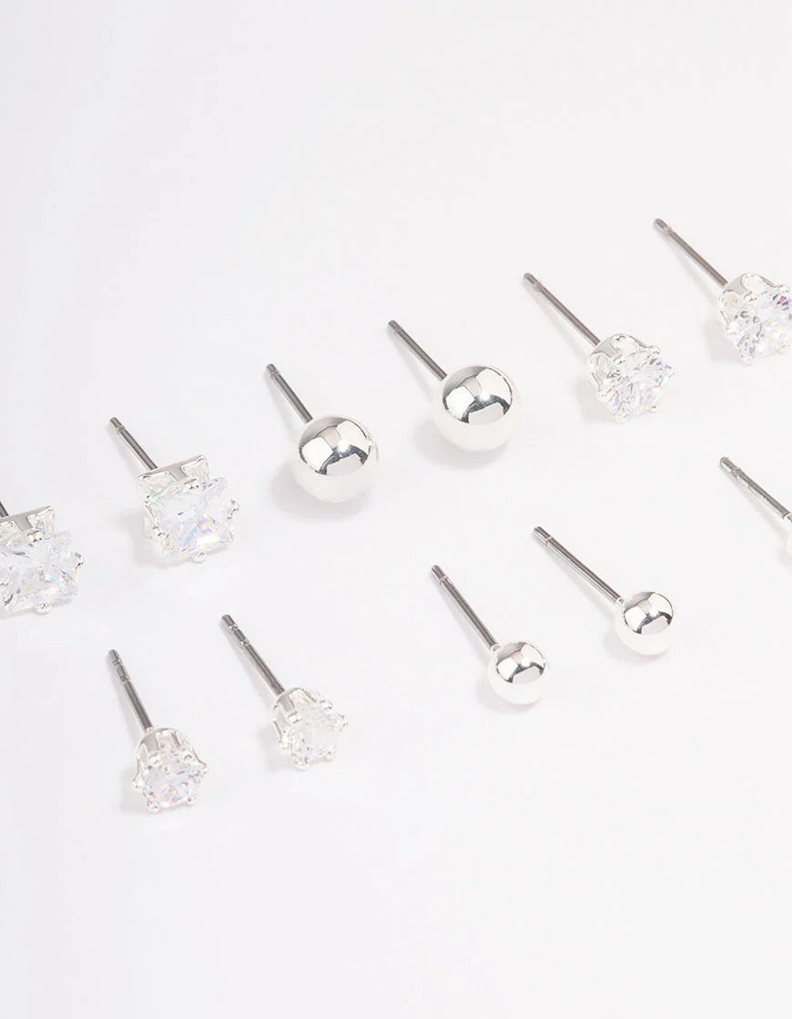 Silver Plated Cubic Zirconia & Ball Stud Earring 6-Pack - Image 3