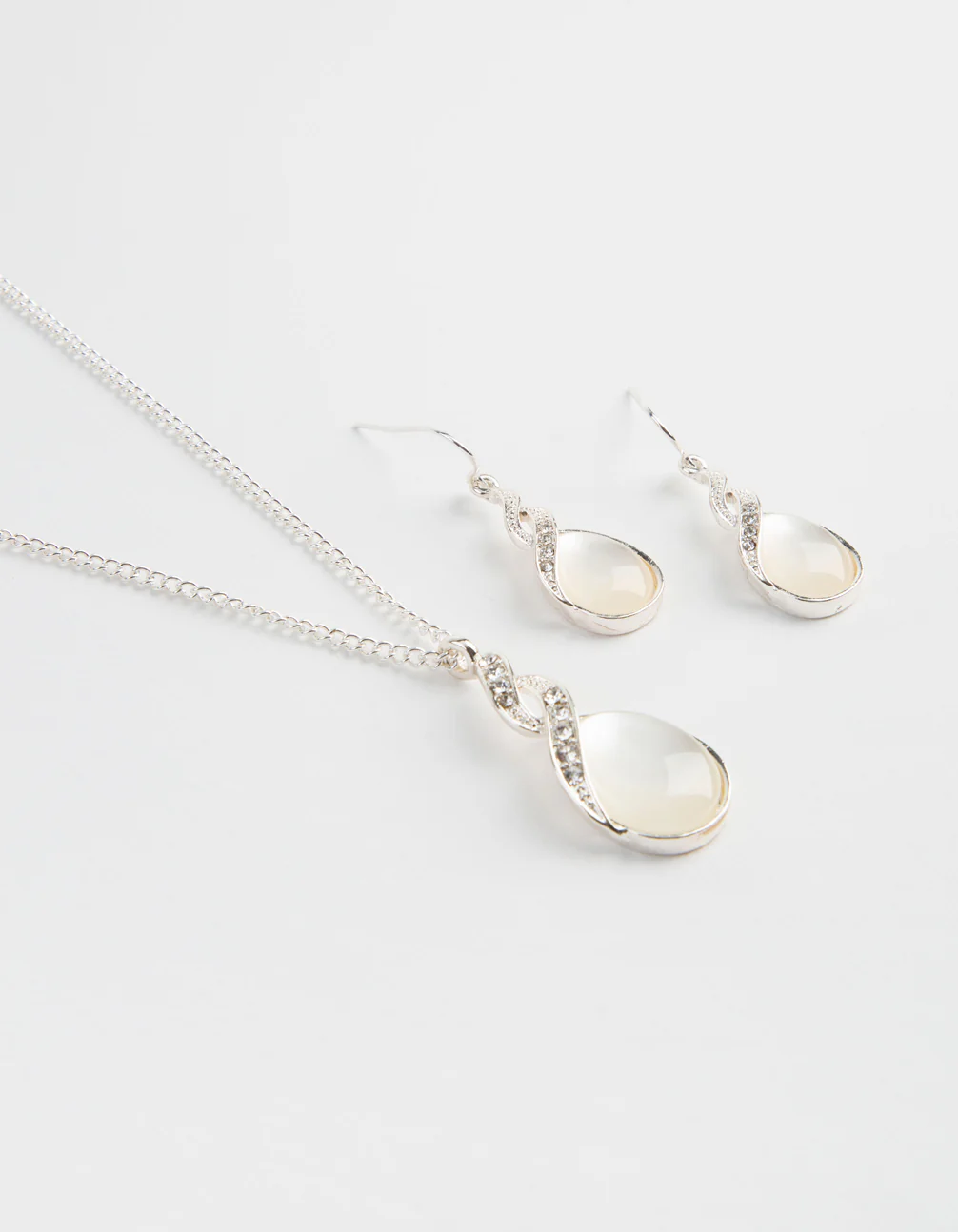 Silver Teardrop Cat Eye Necklace & Earrings Set - Image 3