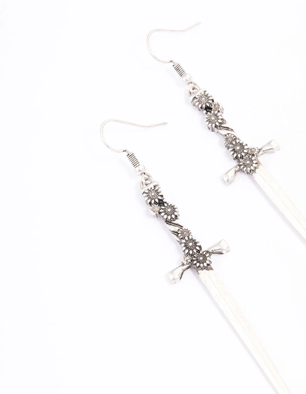 Antique Silver Floral Sword Drop Earrings - Image 2