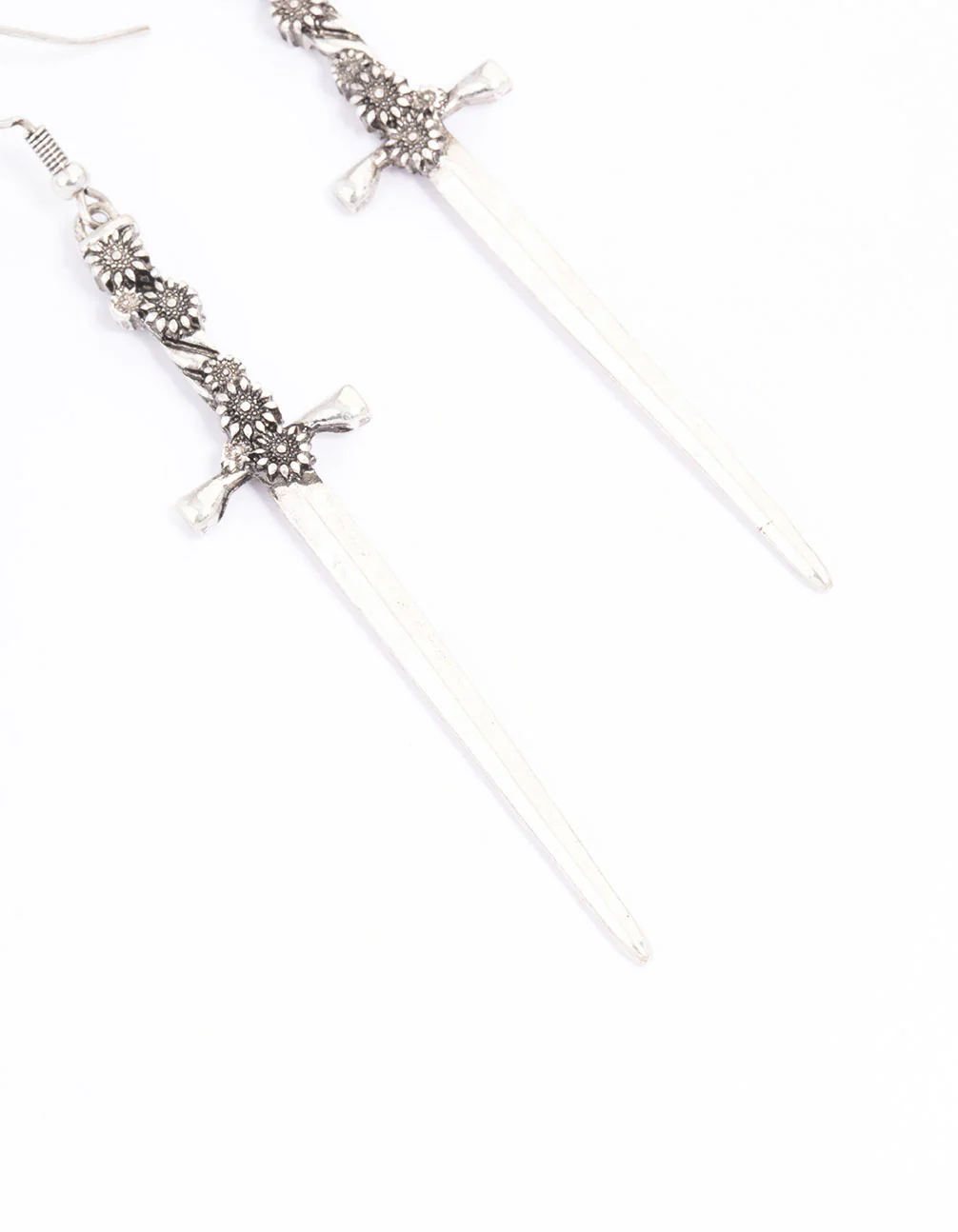 Antique Silver Floral Sword Drop Earrings - Image 3