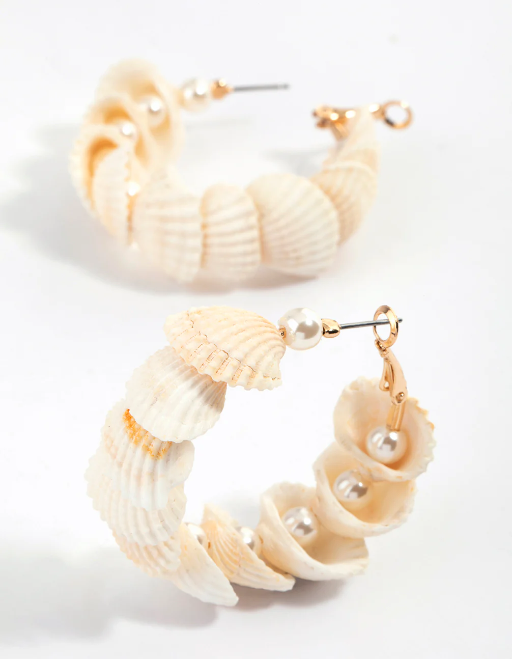 Gold Genuine Shell Nestled Pearl Hoop Earrings - Image 3