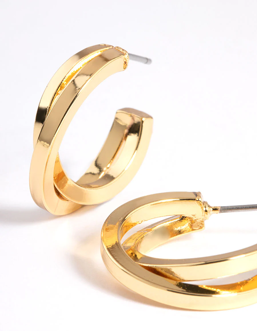 Gold Plated Square Crossover Double Hoop Earrings - Image 2