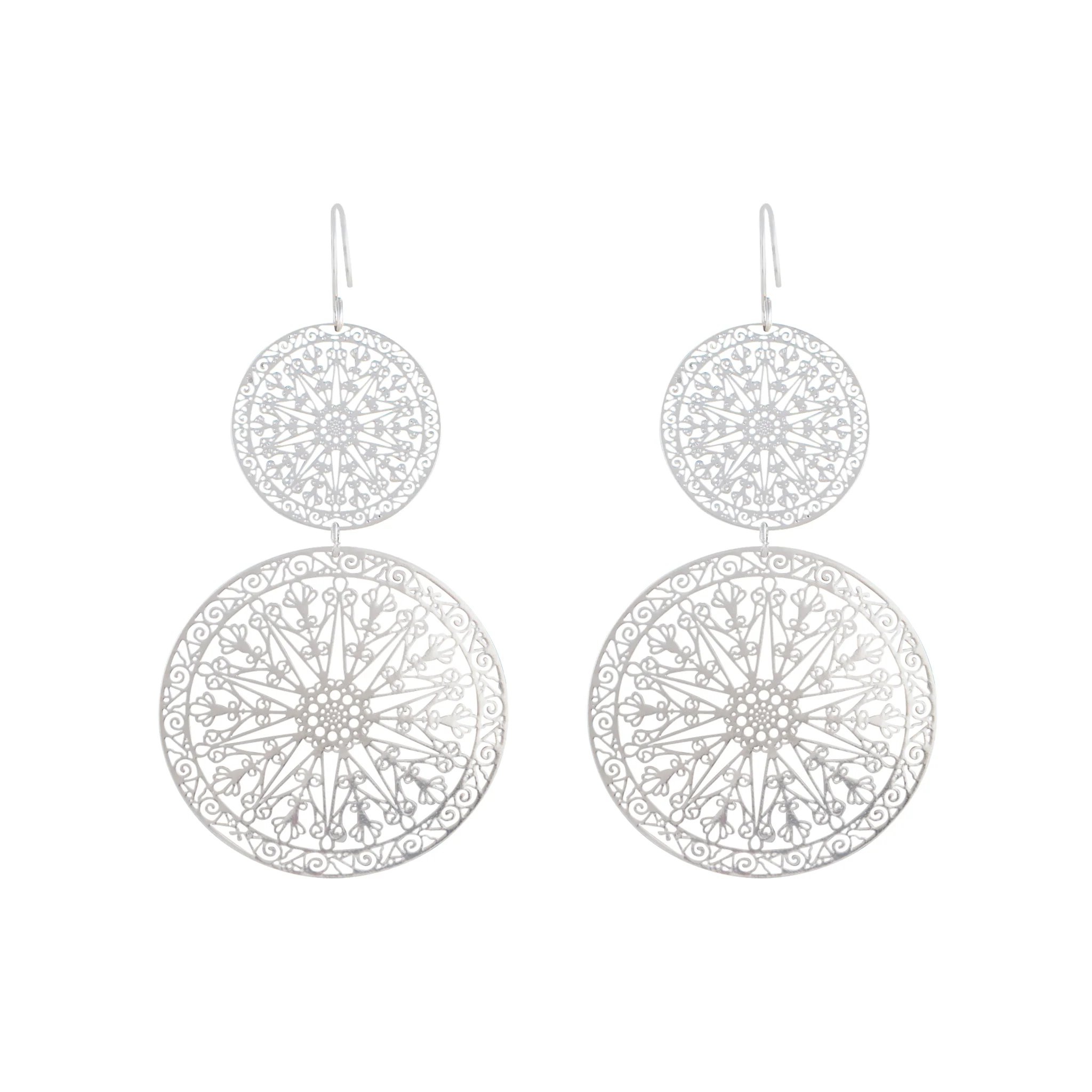 Silver Filigree Statement Disc Drop Earrings - Image 2