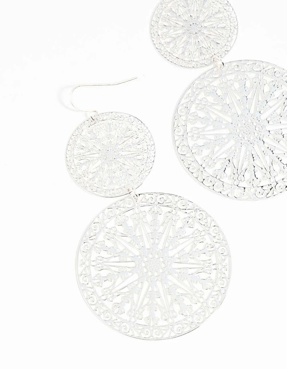 Silver Filigree Statement Disc Drop Earrings - Image 9