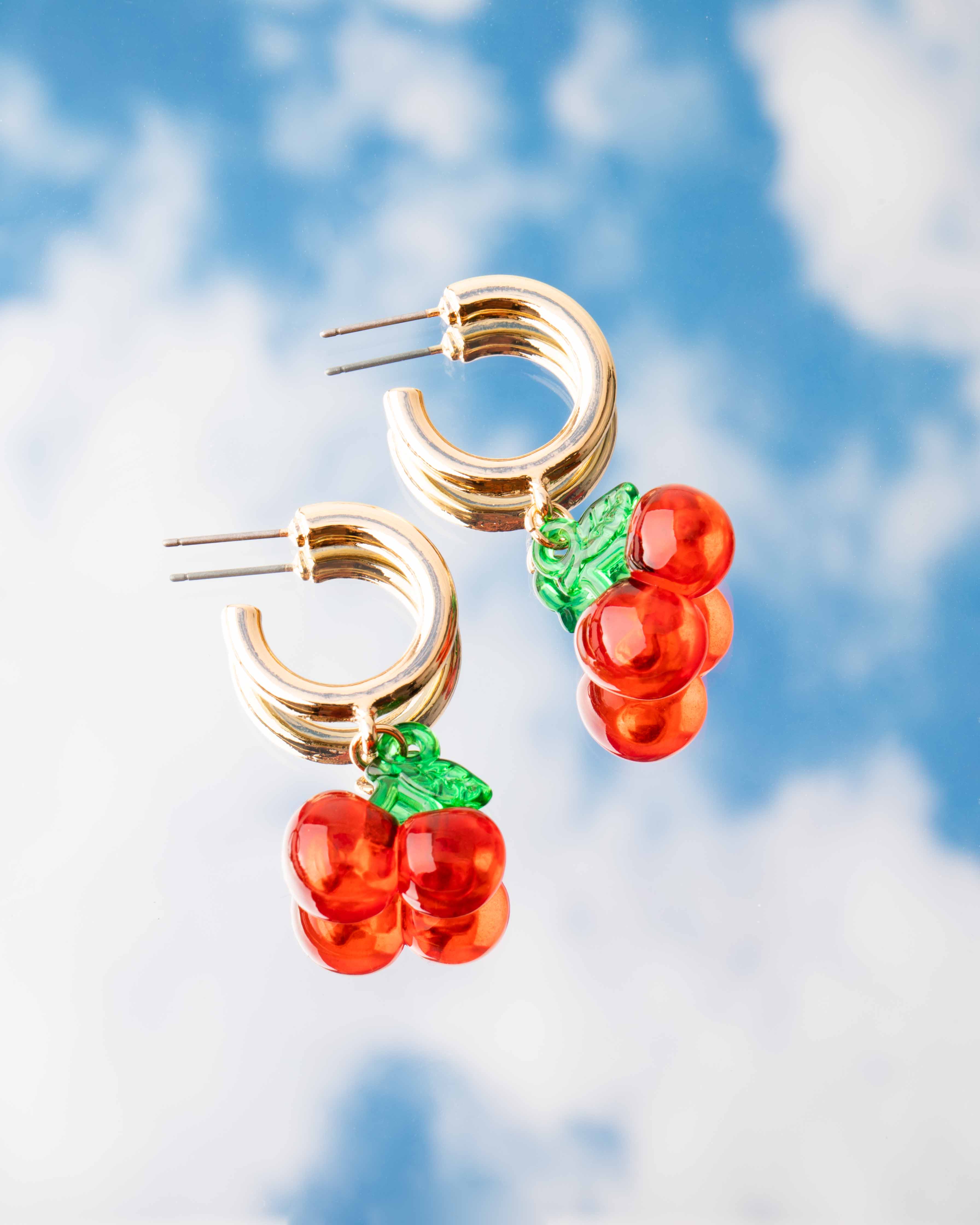 Gold Acrylic Cherry Hoop Earrings - Image 4