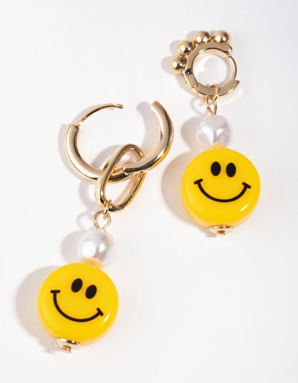 Gold Asymmetrical Pearl Smiley Drop Earrings - Image 2