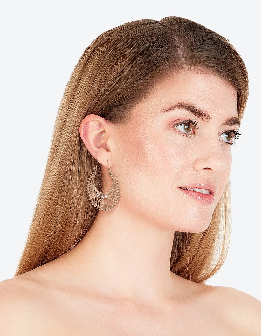 Antique Gold Detailed Hoop Chandbali Earrings - Image 3
