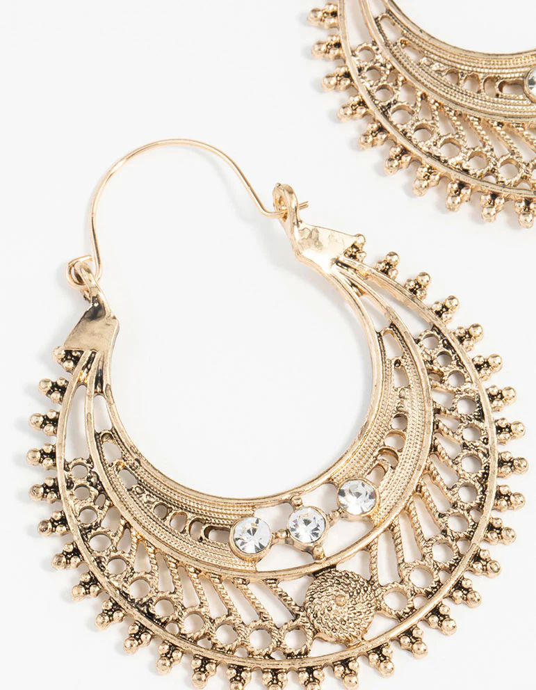 Antique Gold Detailed Hoop Chandbali Earrings - Image 4