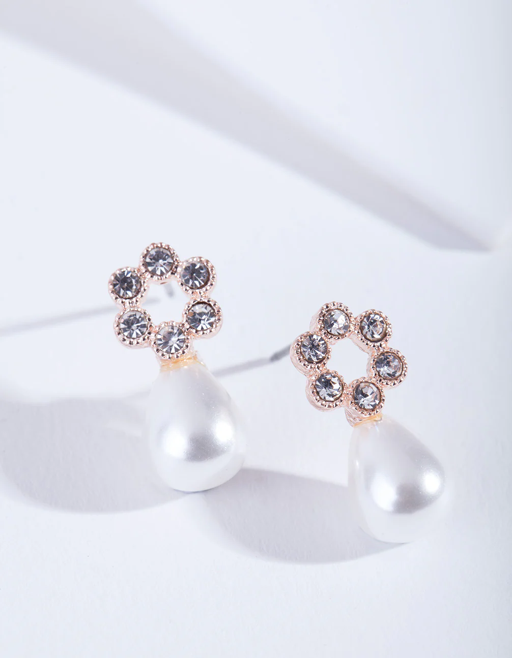 Rose Gold Flower Diamante Pearl Earrings - Image 2