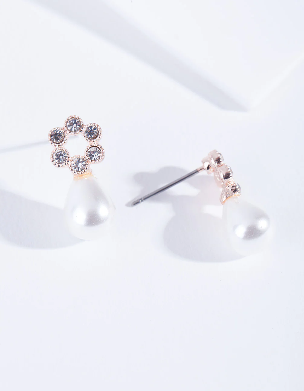 Rose Gold Flower Diamante Pearl Earrings - Image 3