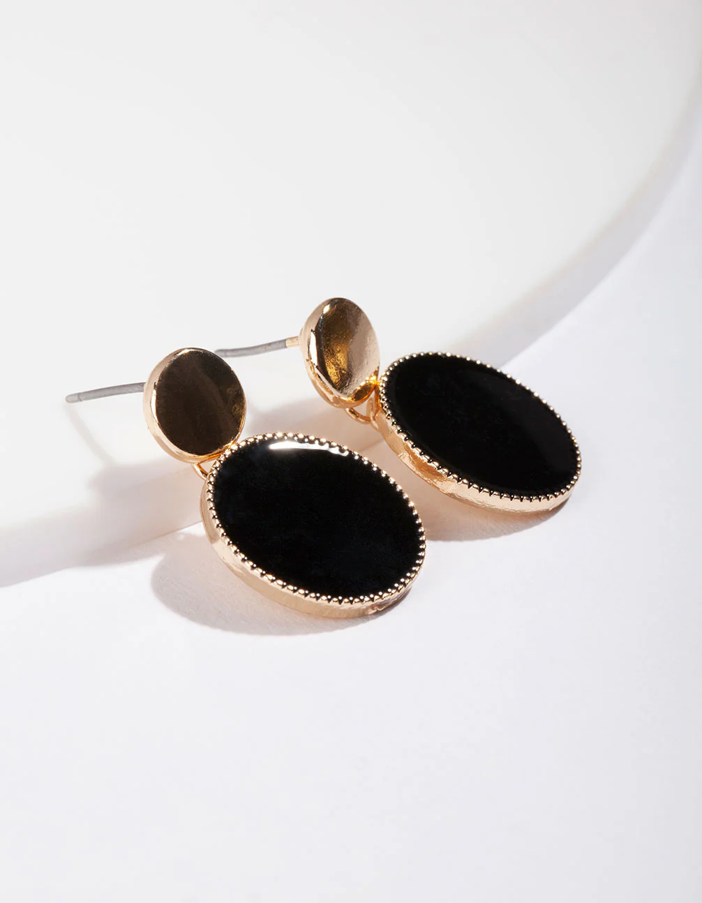 Gold Black Circle Drop Earrings - Image 2