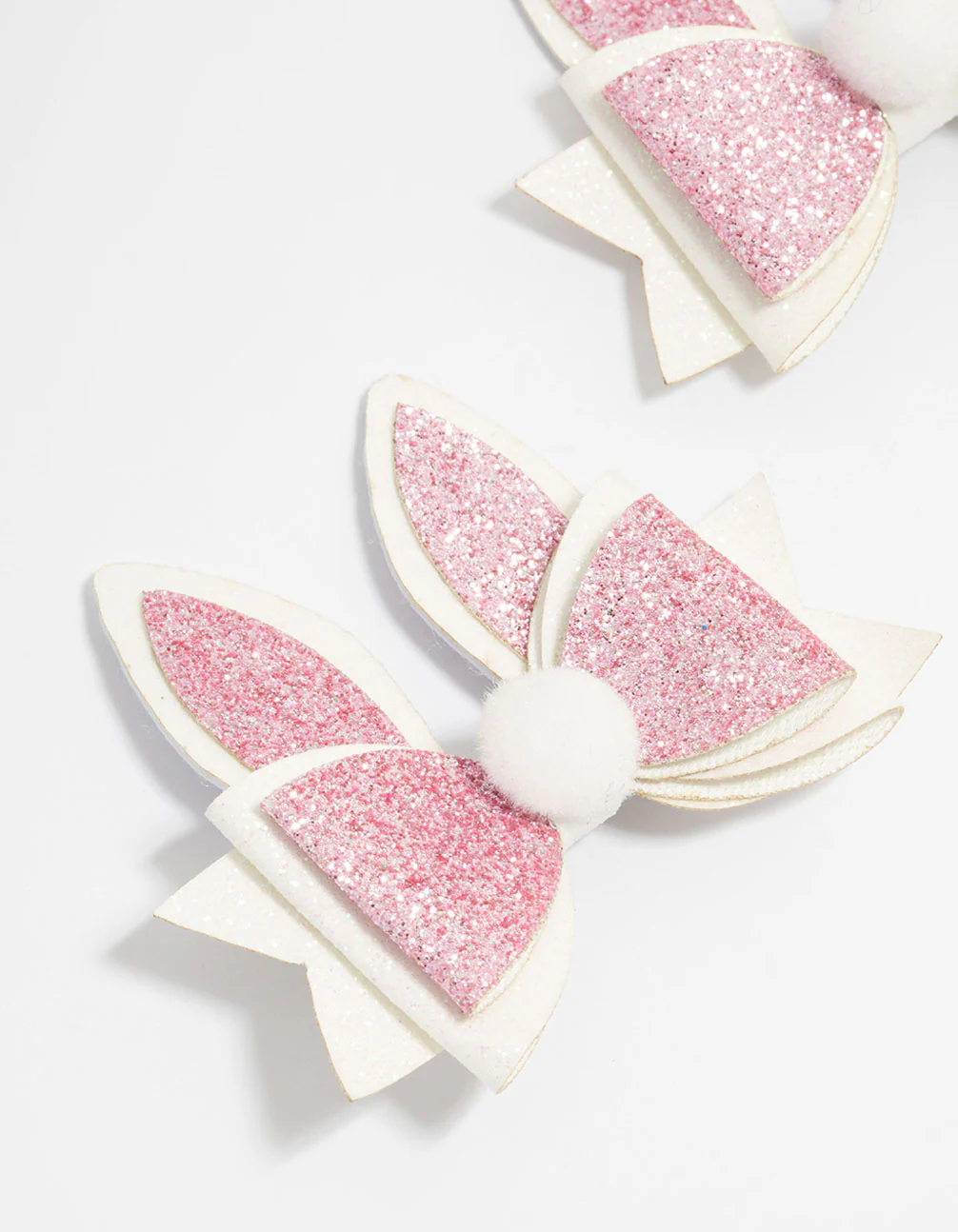 Kids Bunny Pom Pom Bow Fabric Hair Clips 2-Pack - Image 2