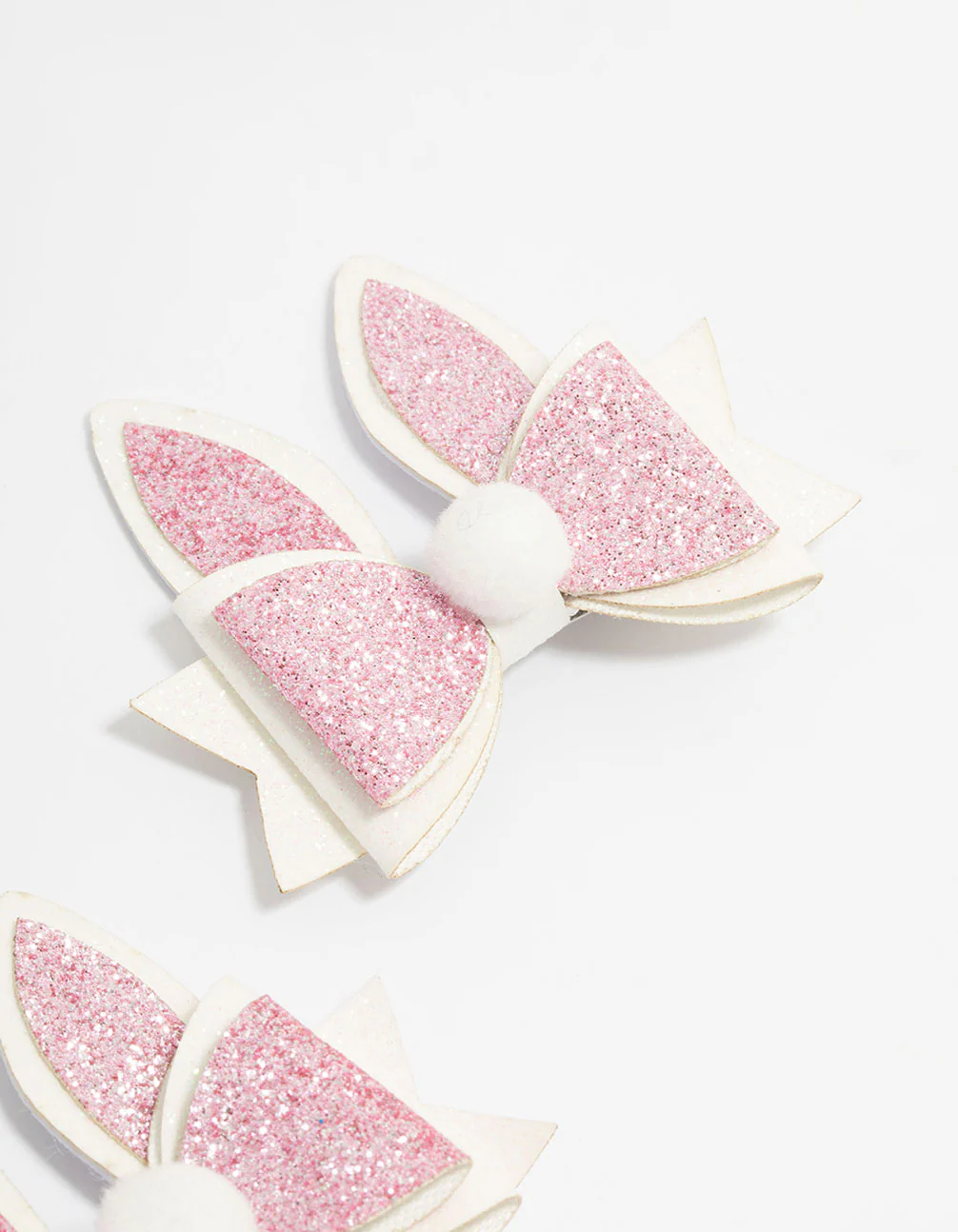 Kids Bunny Pom Pom Bow Fabric Hair Clips 2-Pack - Image 3
