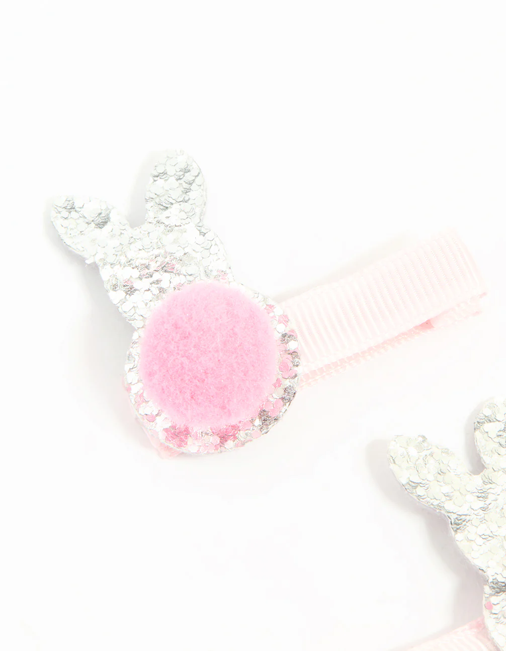 Kids Fabric Pom Pom & Sparkly Easter Bunny Hair Clips 2-Pack - Image 2